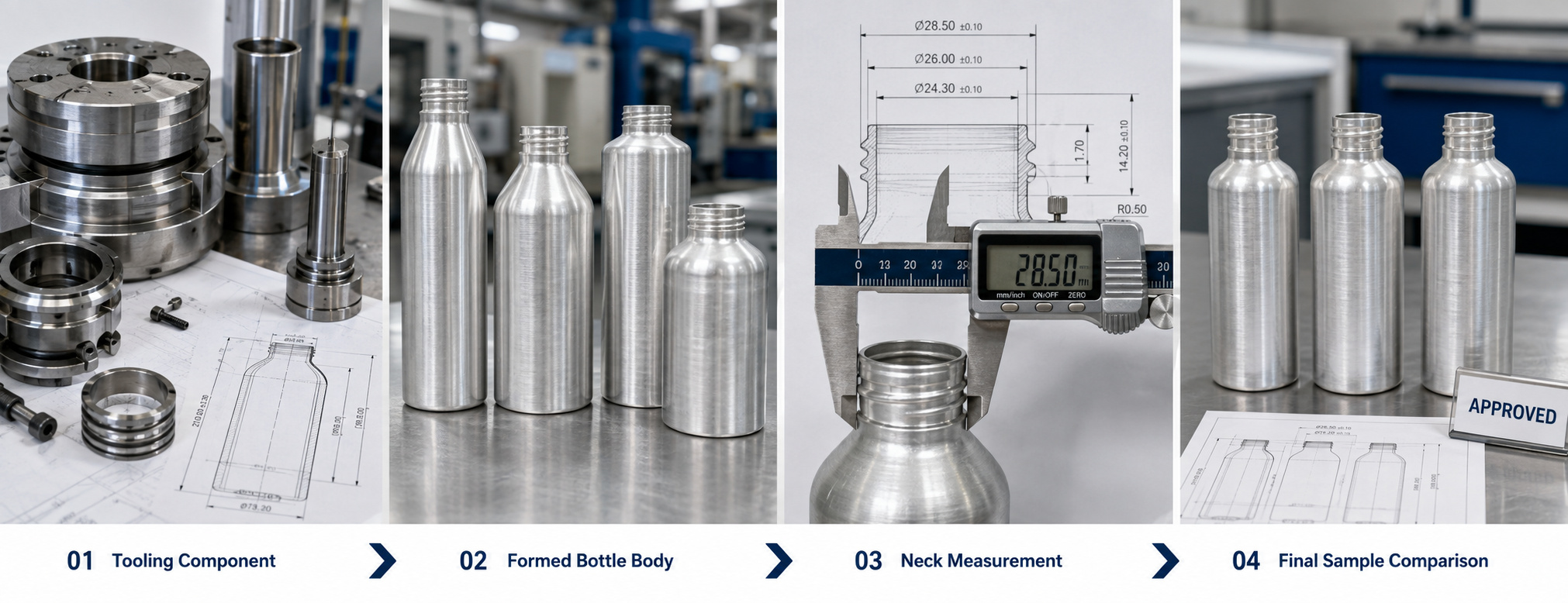 Aluminium bottle tooling and sample inspection