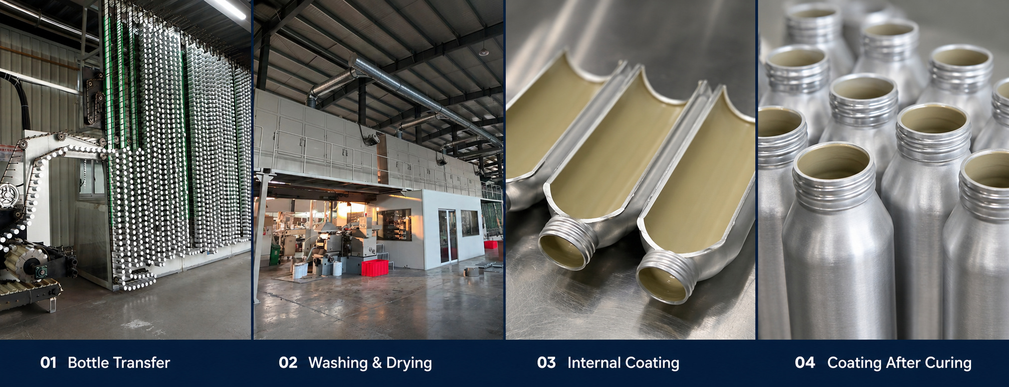 Aluminium bottle washing, internal coating and curing process