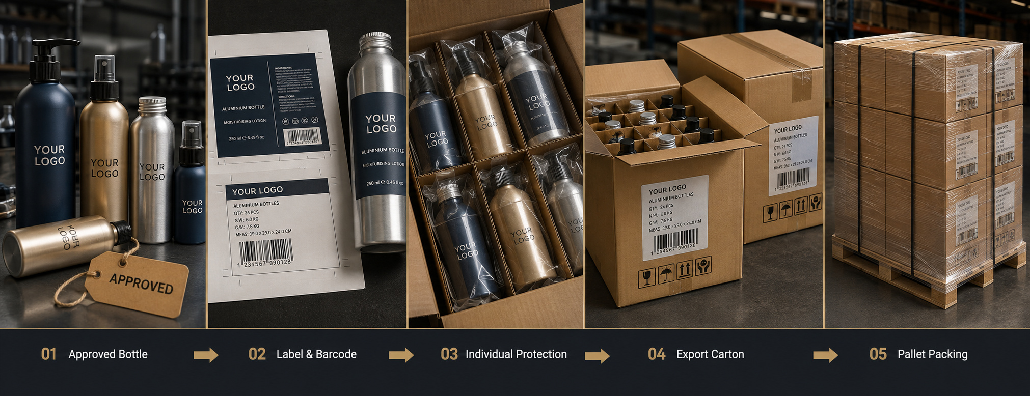 Custom aluminium bottle export packaging